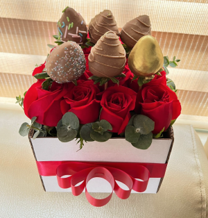 Caja por 16 rosas y fresas achocolatadas  R11